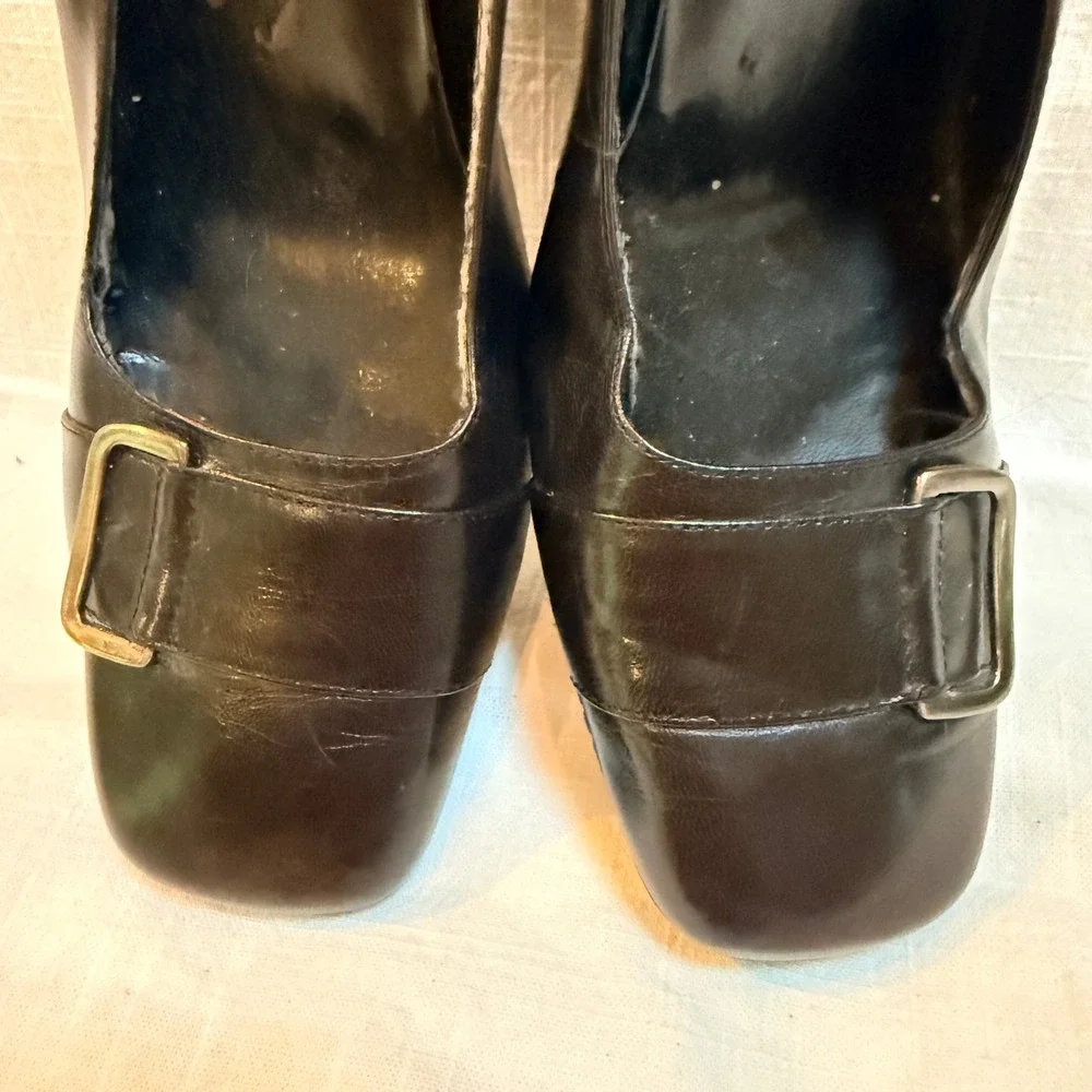 Bandolino Flawless Pumps 7M Black Leather Square Toe Buckle Stiletto Heels